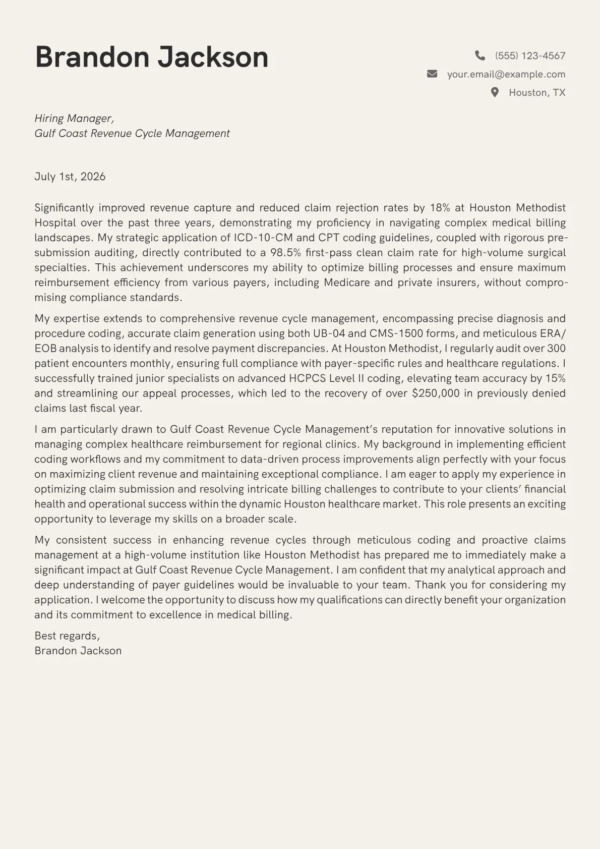 Medical Billing and Coding cover letter formatted with a JobSprout template