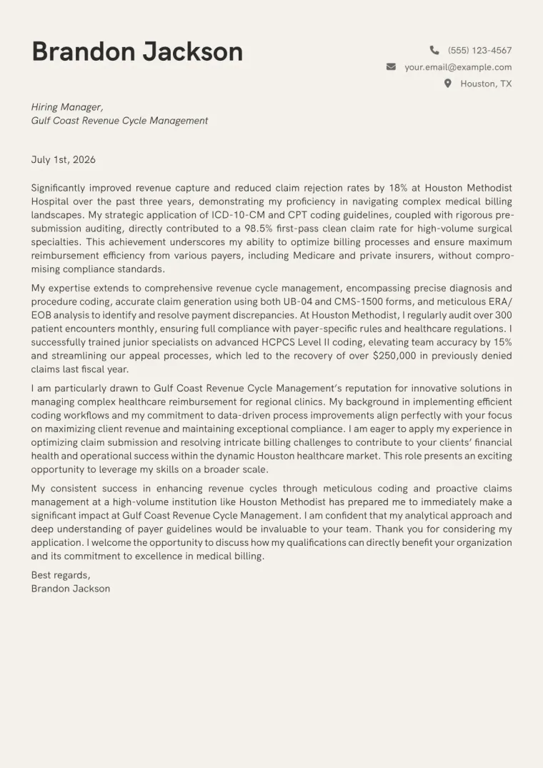 Medical Billing and Coding cover letter example preview