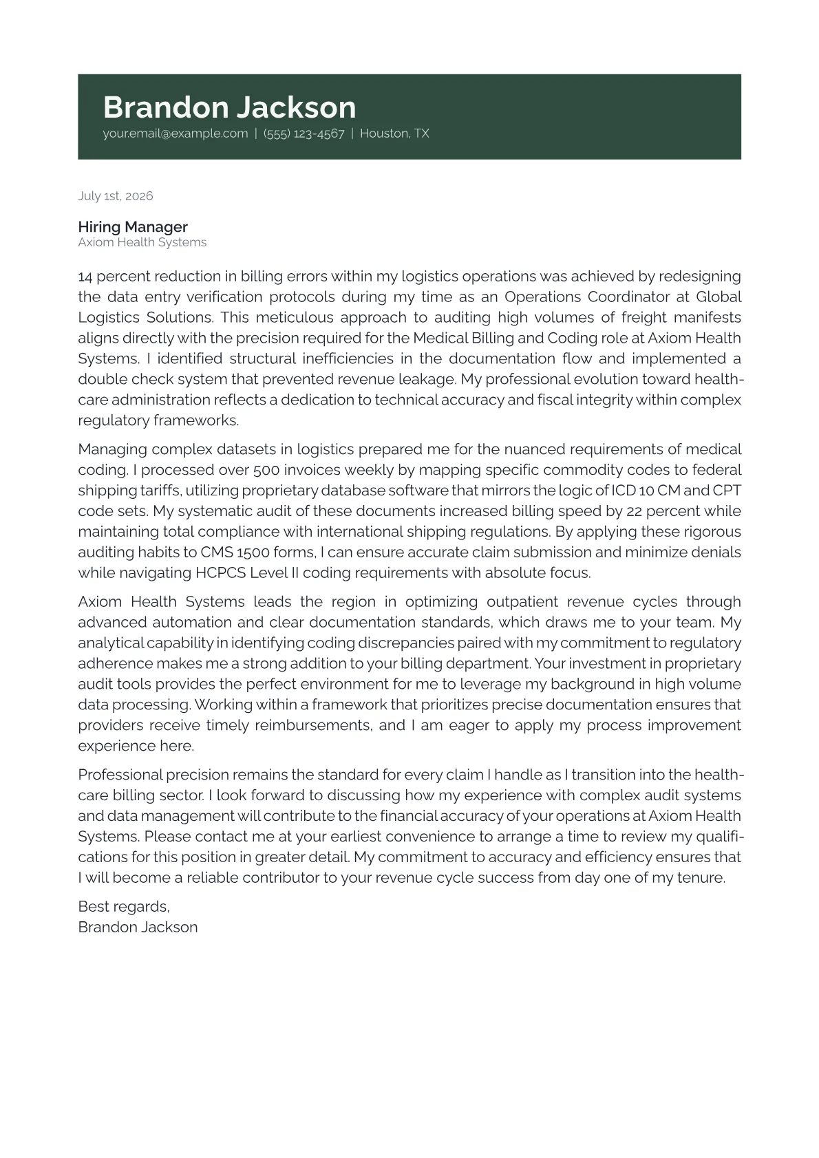 Medical Billing and Coding cover letter in the Banner design