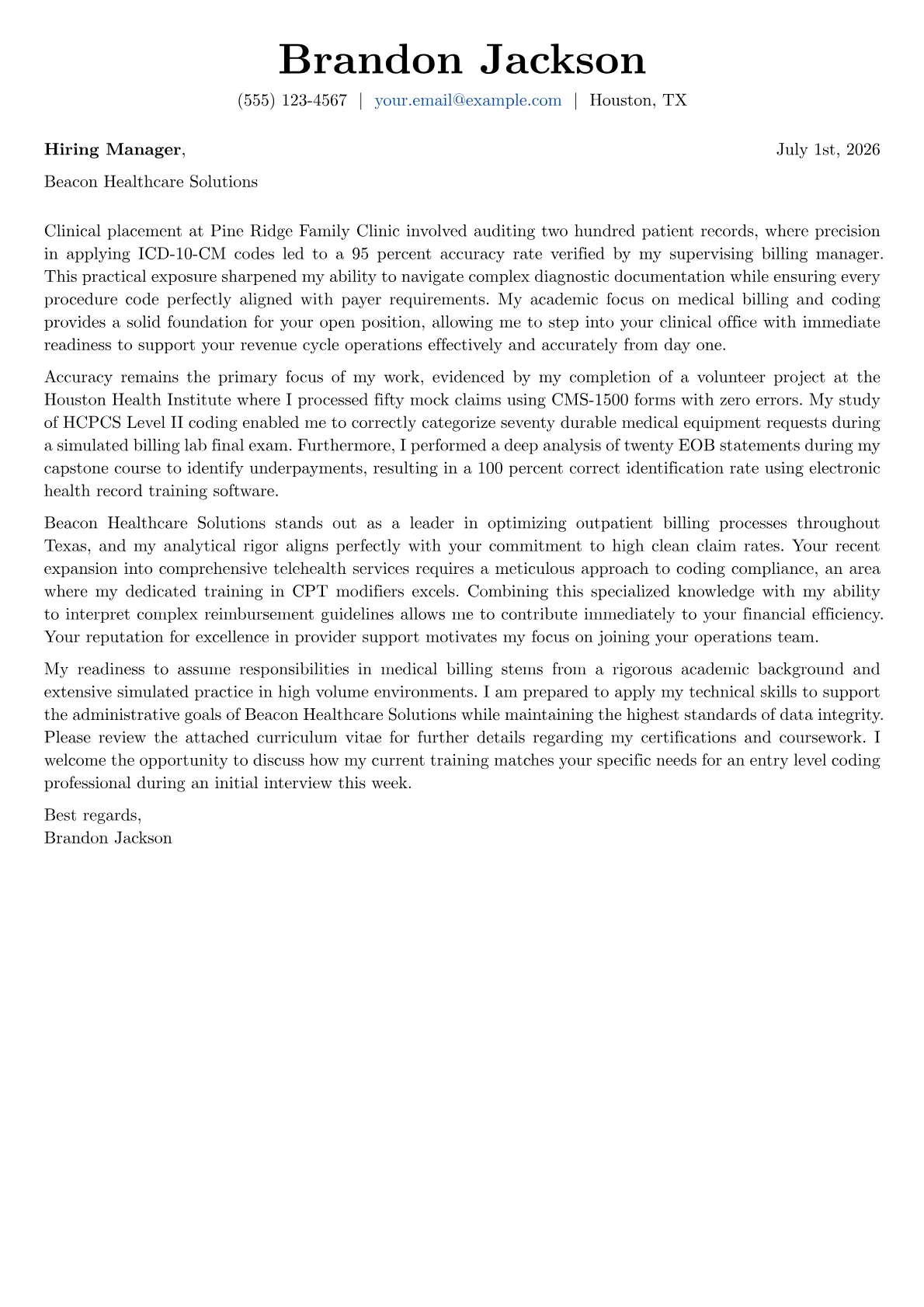 Medical Billing and Coding cover letter in the Basic design