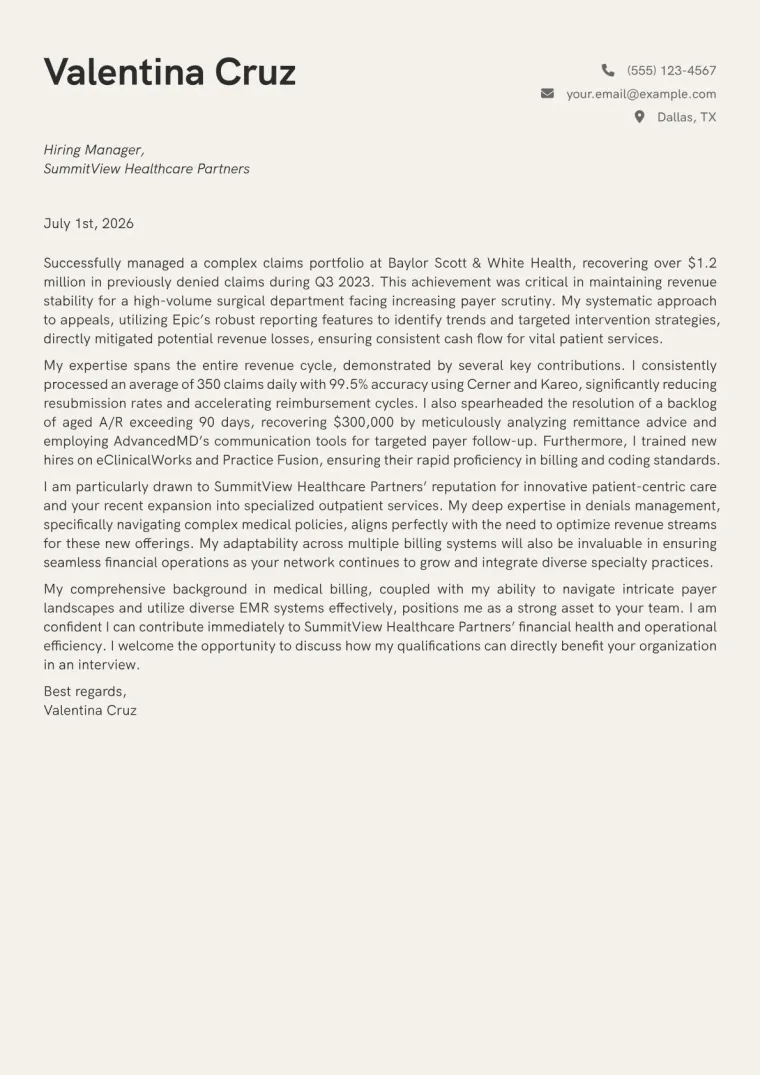 Medical Billing Specialist cover letter example preview