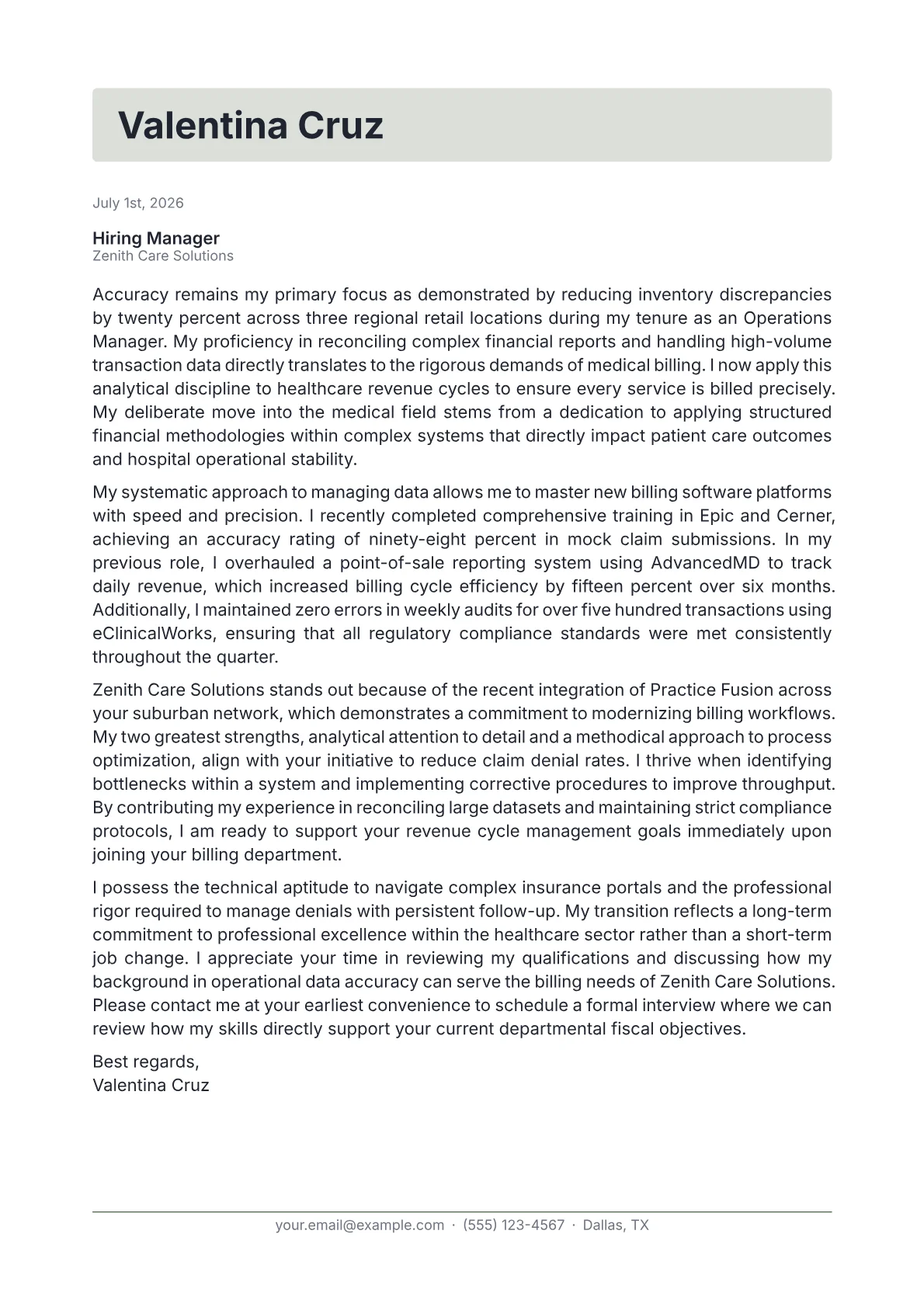 Medical Billing Specialist cover letter in the Letterhead design