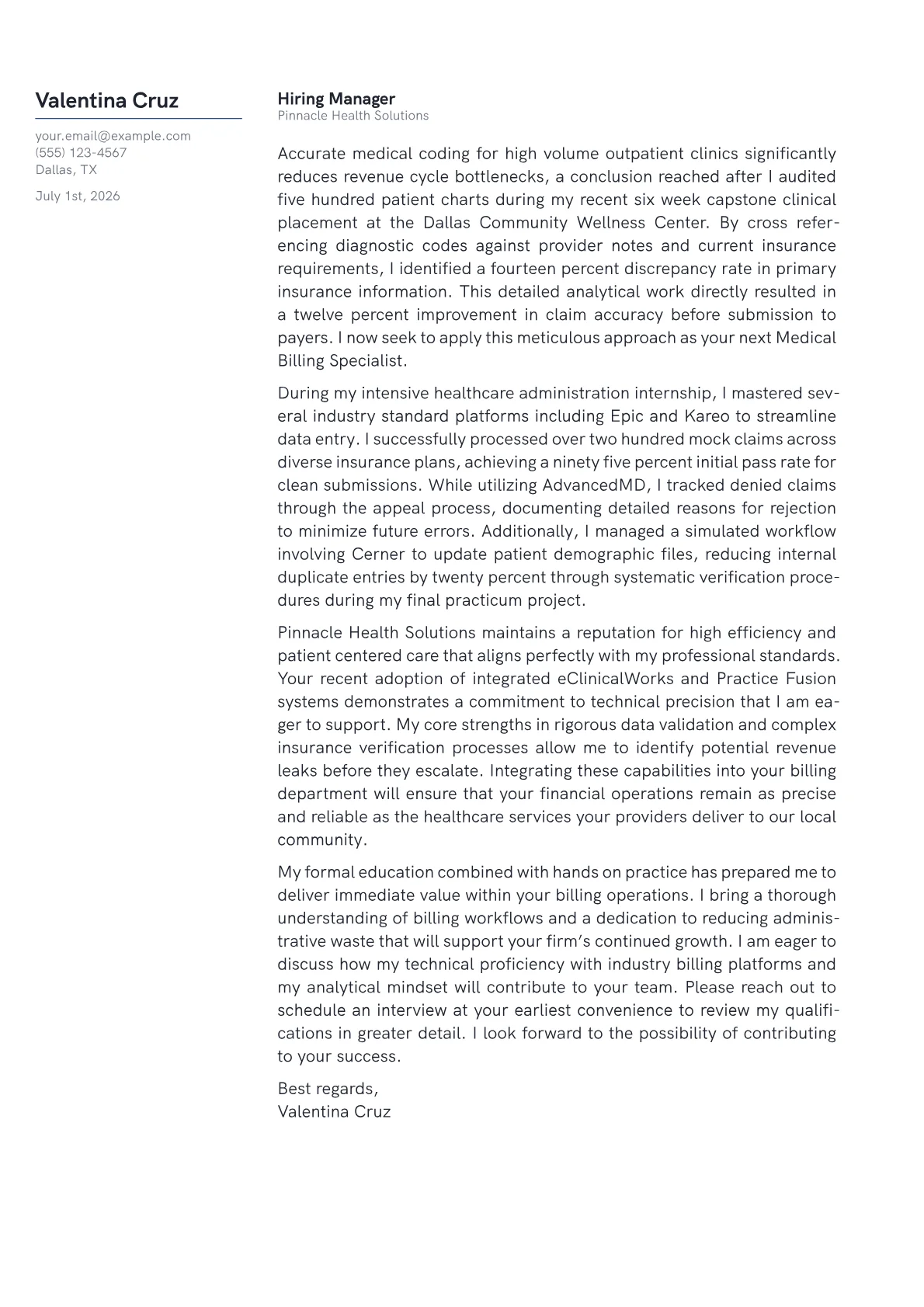Medical Billing Specialist cover letter in the Margin design