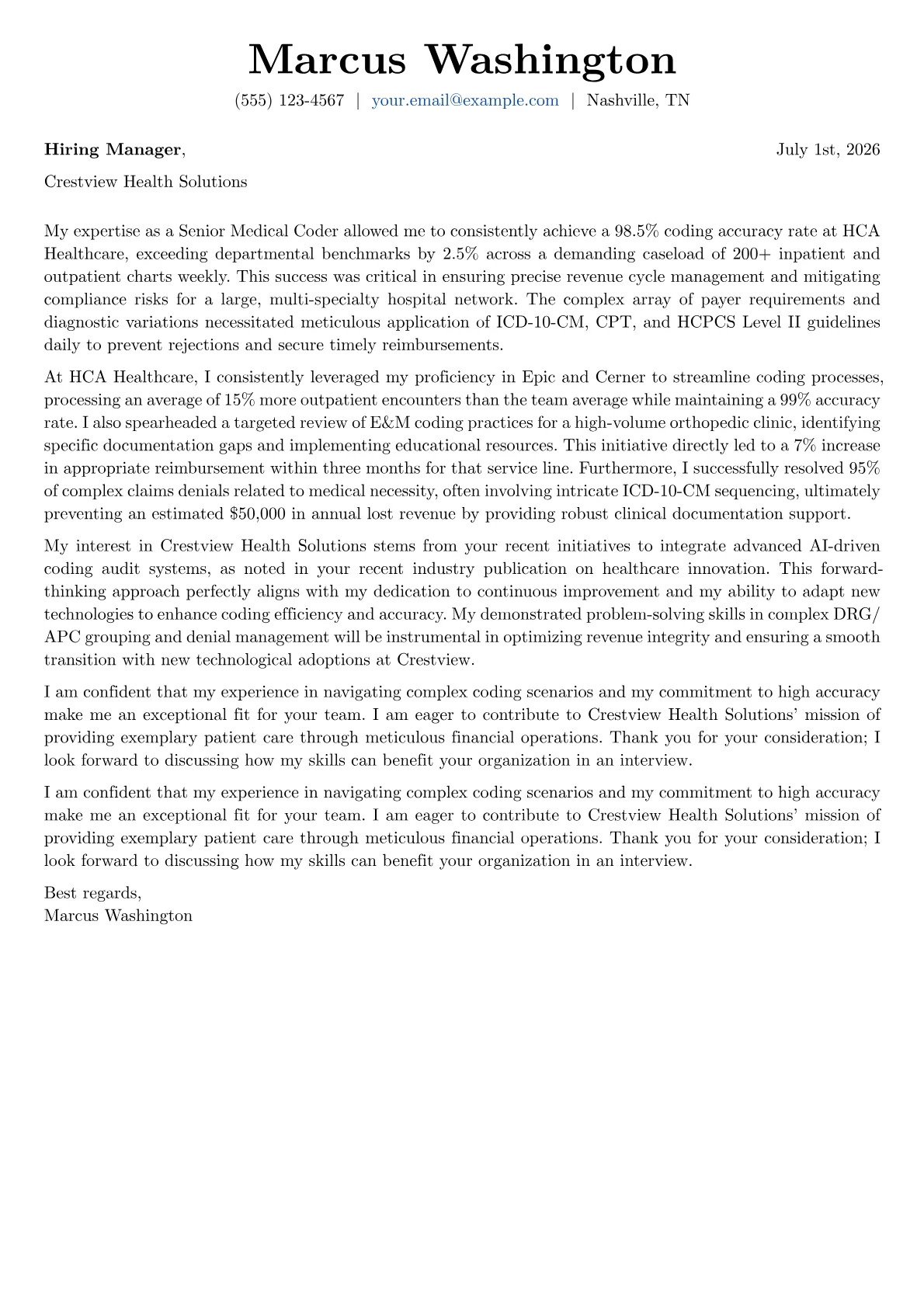 Medical Coder cover letter formatted with a JobSprout template