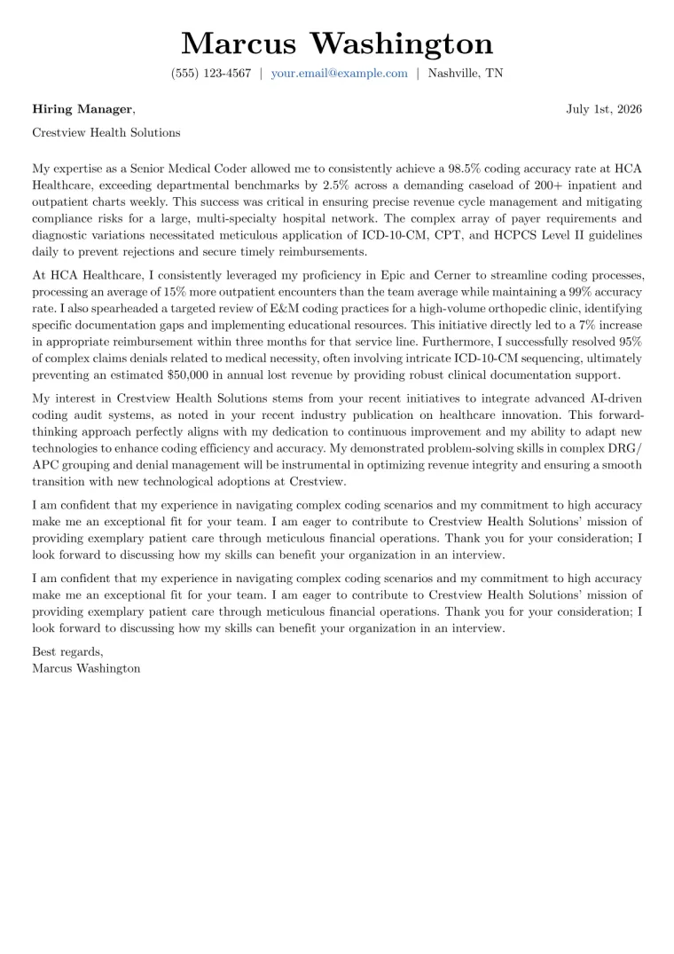 Medical Coder Cover Letter Example