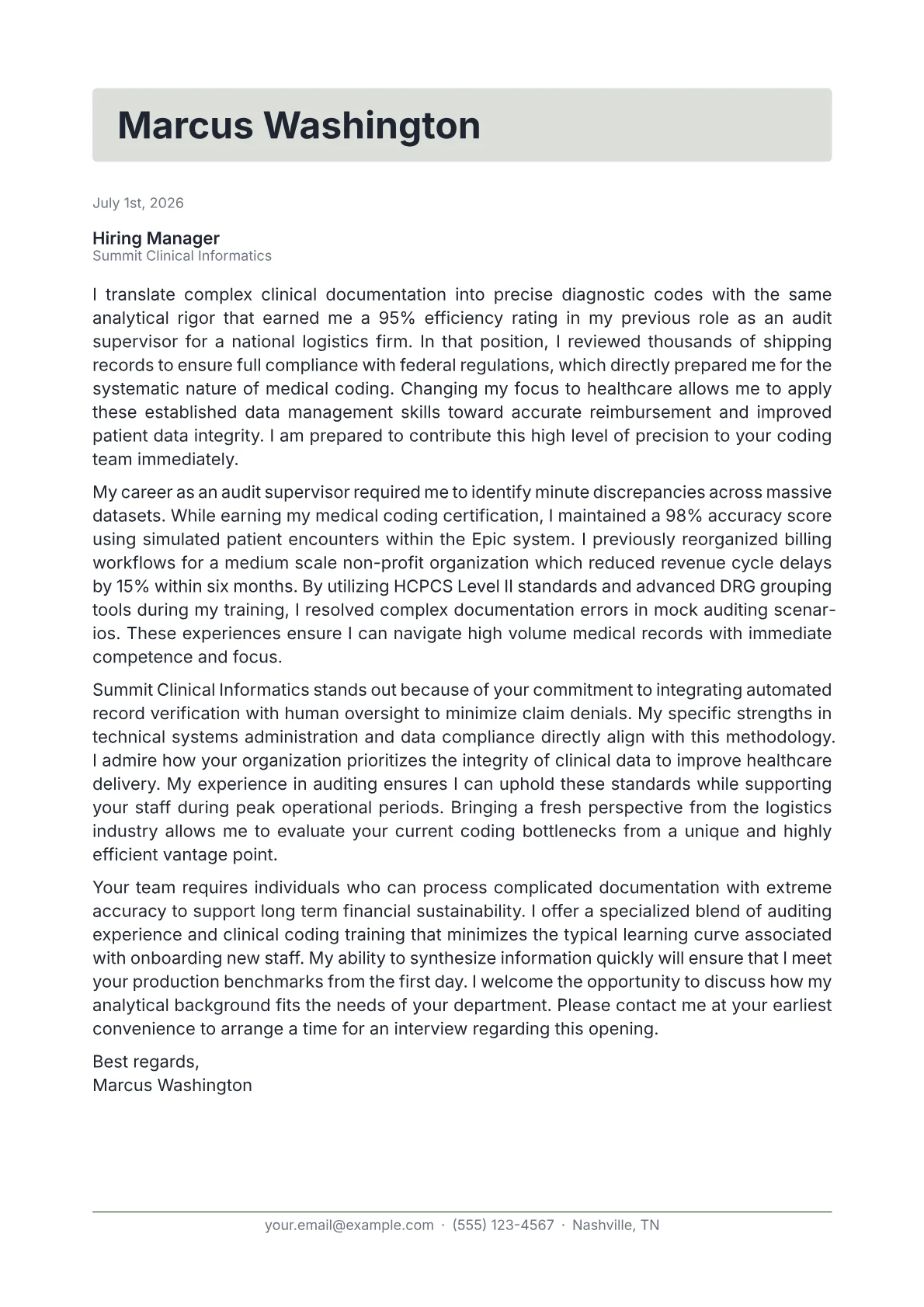Medical Coder cover letter in the Letterhead design