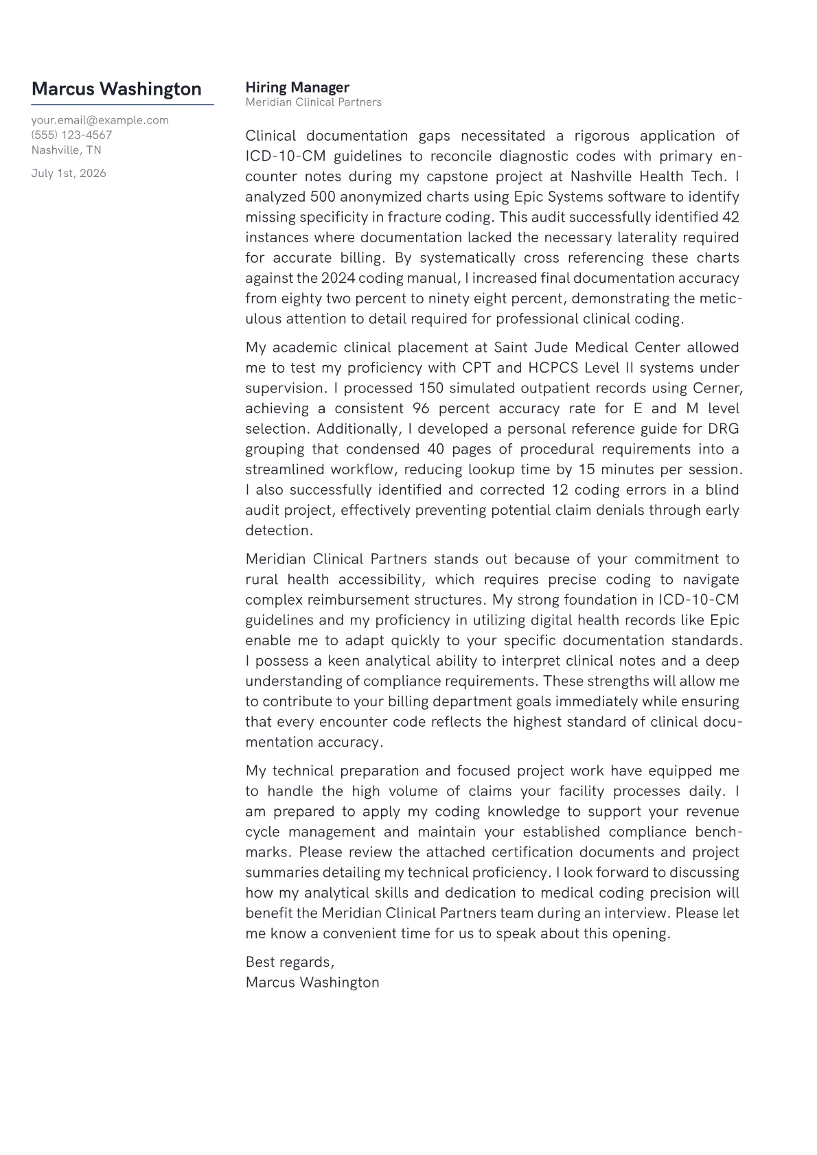 Medical Coder cover letter in the Margin design