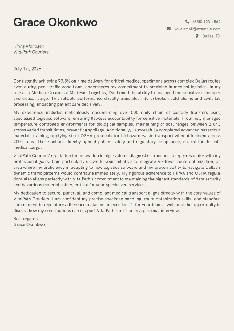 Medical Courier cover letter example preview