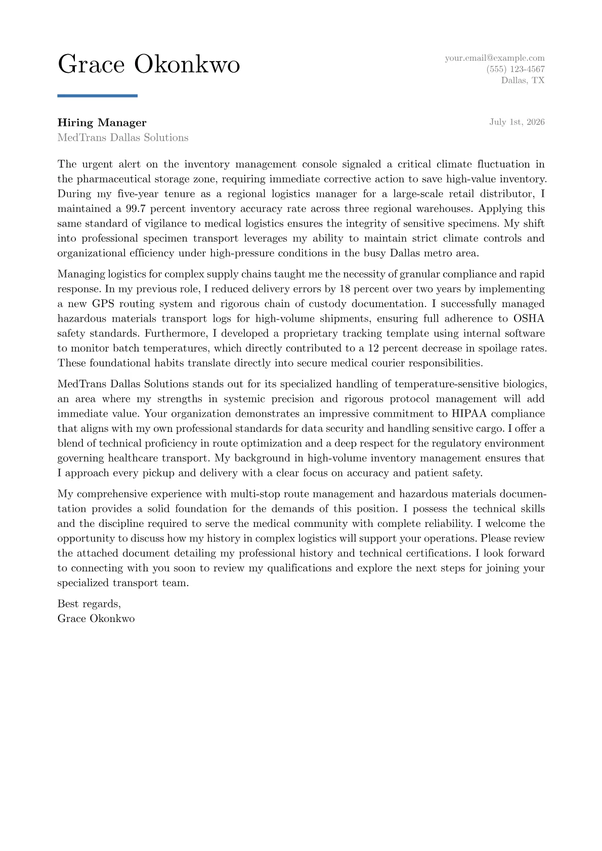 Medical Courier cover letter in the Executive design