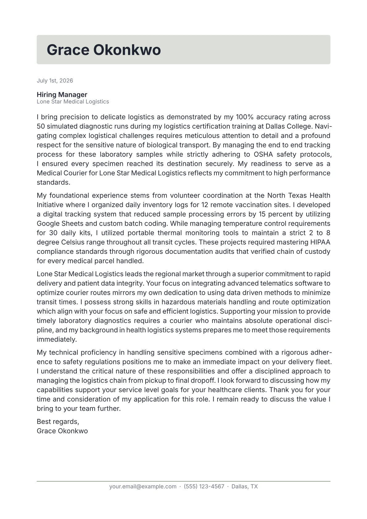 Medical Courier cover letter in the Letterhead design