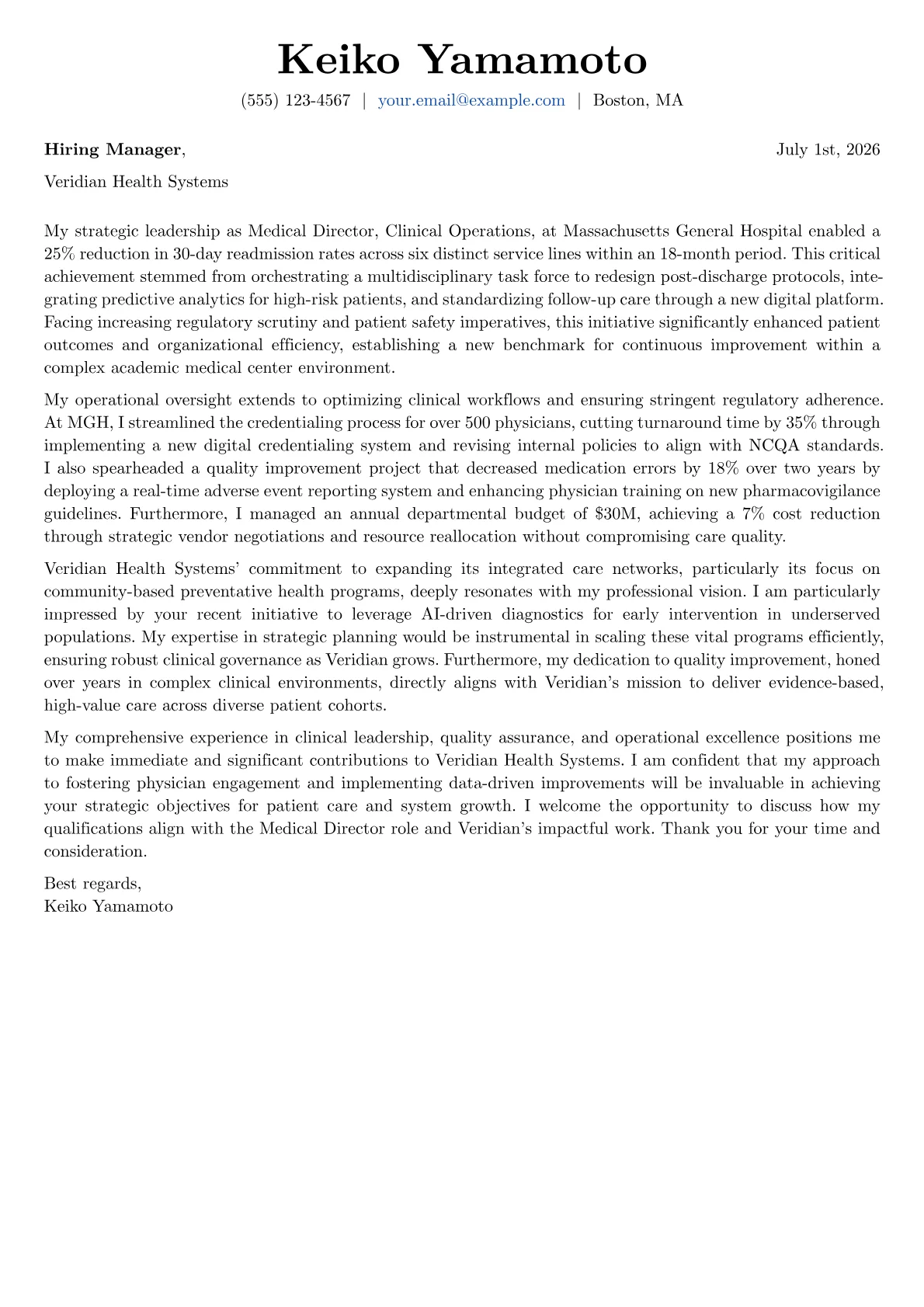 Medical Director cover letter formatted with a JobSprout template