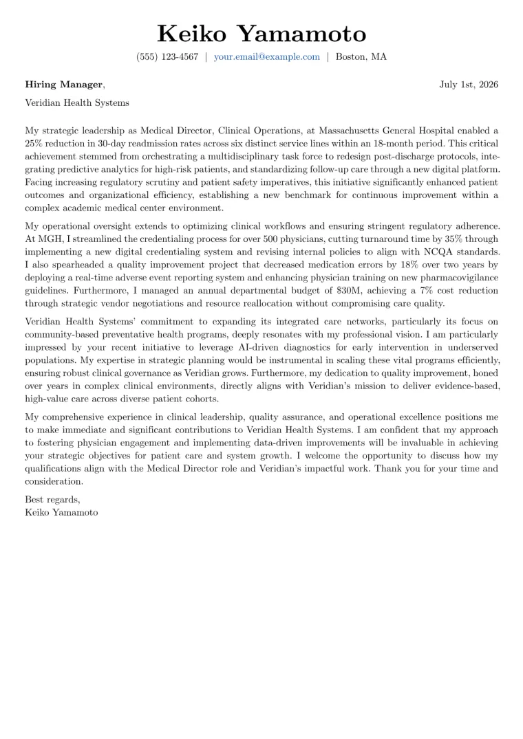 Medical Director cover letter example preview