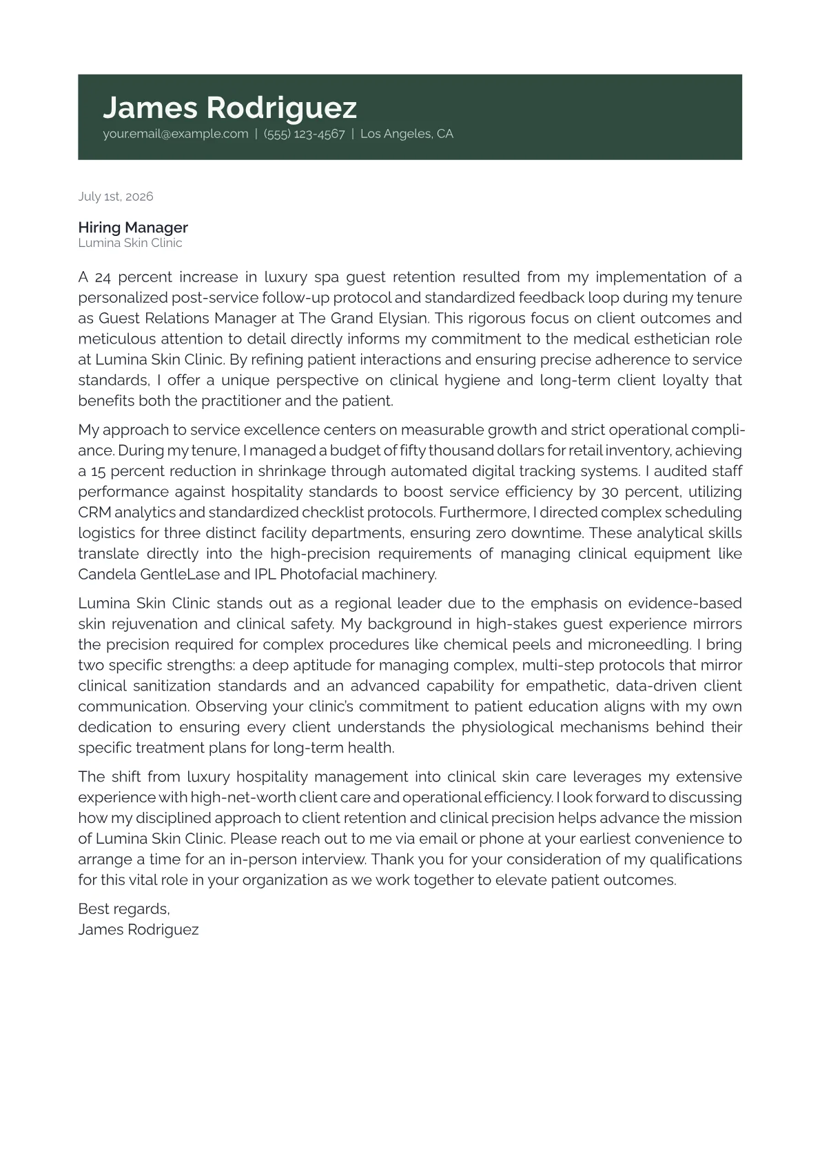 Medical Esthetician cover letter in the Banner design