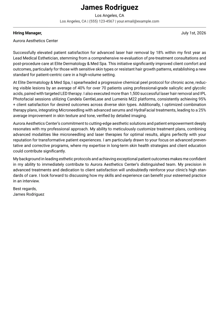 Medical Esthetician cover letter example preview