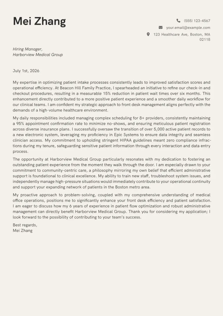 Medical Front Desk cover letter example preview