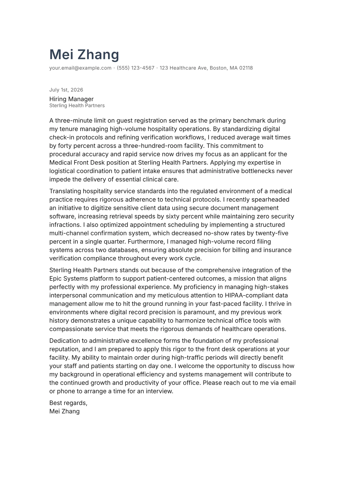 Medical Front Desk cover letter in the Minimal design