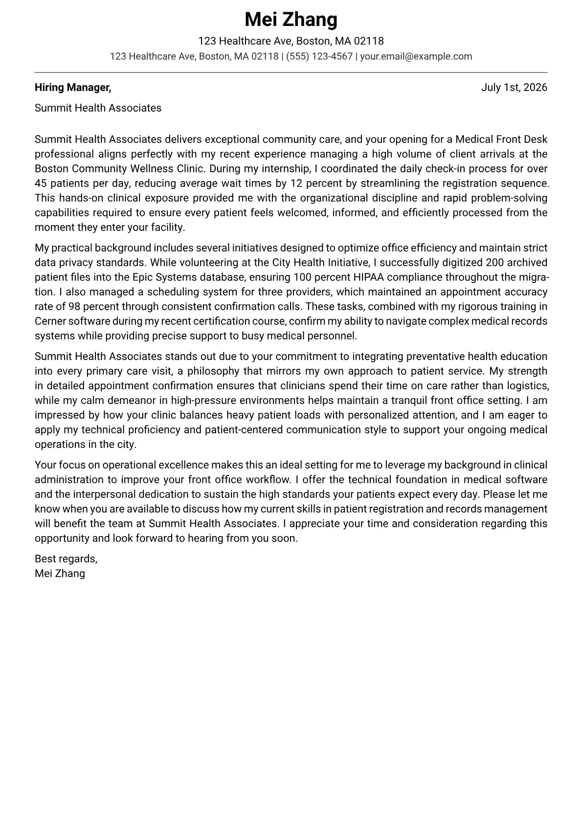 Medical Front Desk cover letter in the Modern design