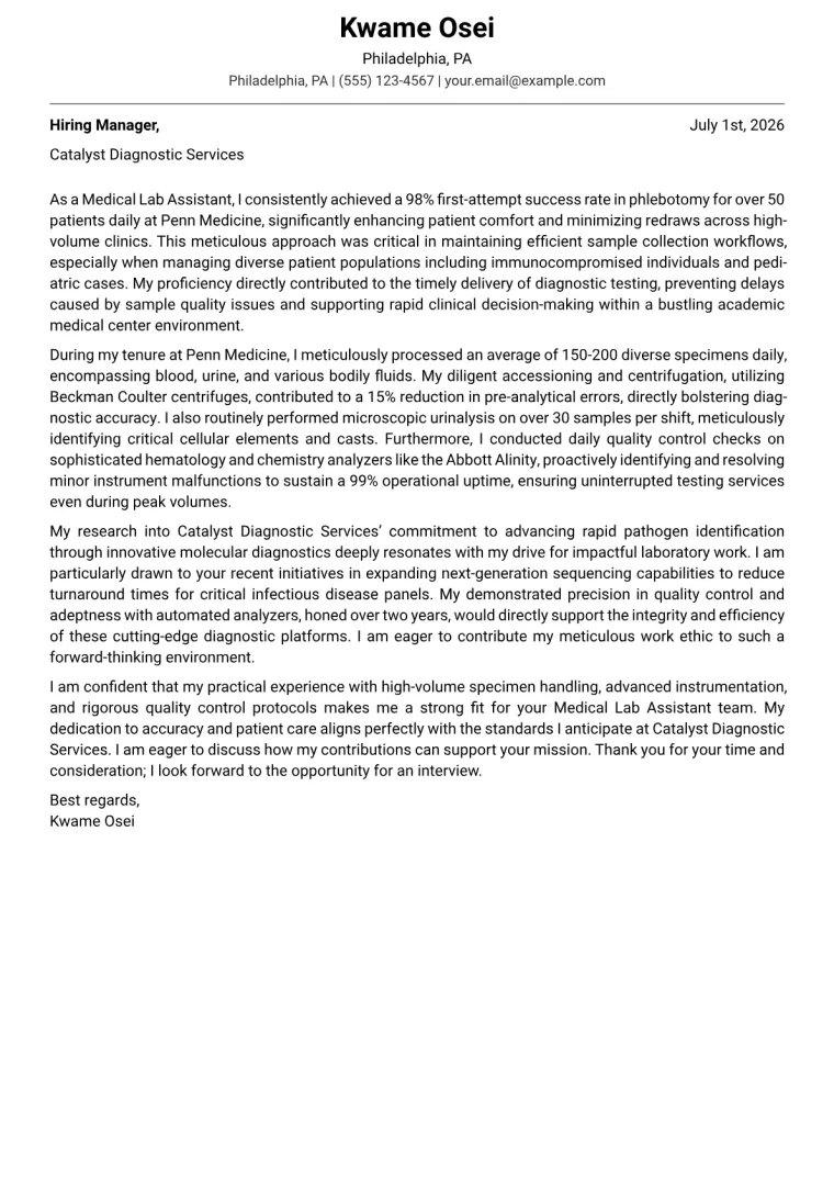 Medical Lab Assistant Cover Letter Example