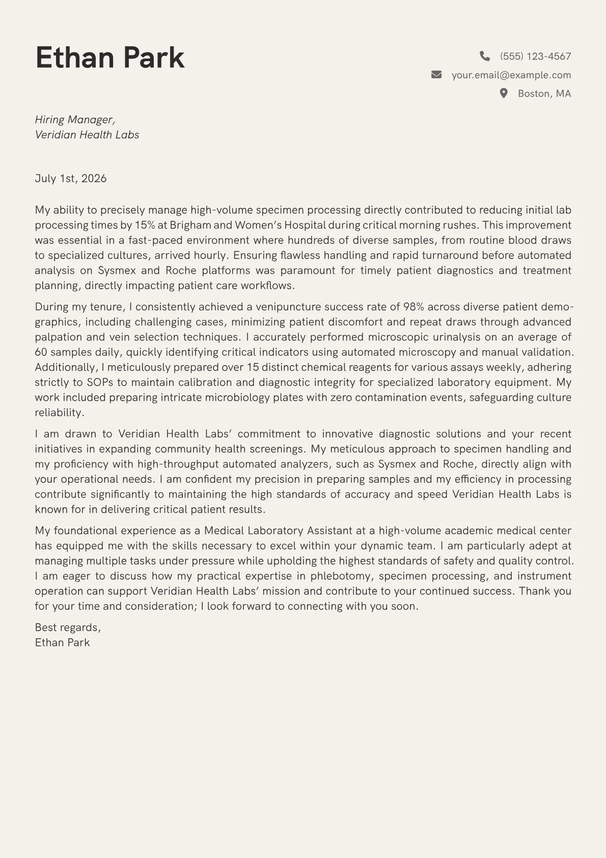 Medical Laboratory Assistant cover letter formatted with a JobSprout template