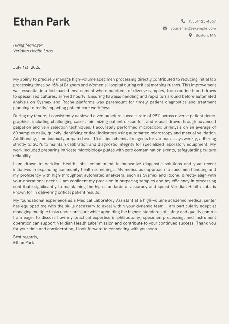 Medical Laboratory Assistant Cover Letter Example