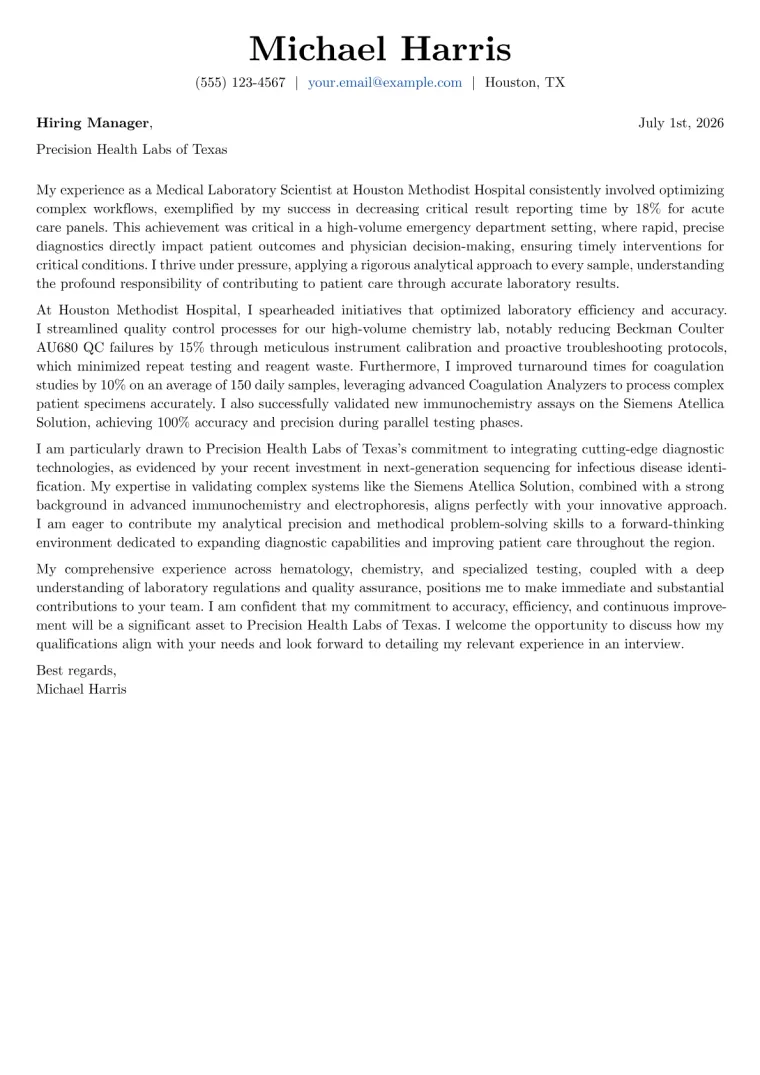 Medical Laboratory Scientist Cover Letter Example