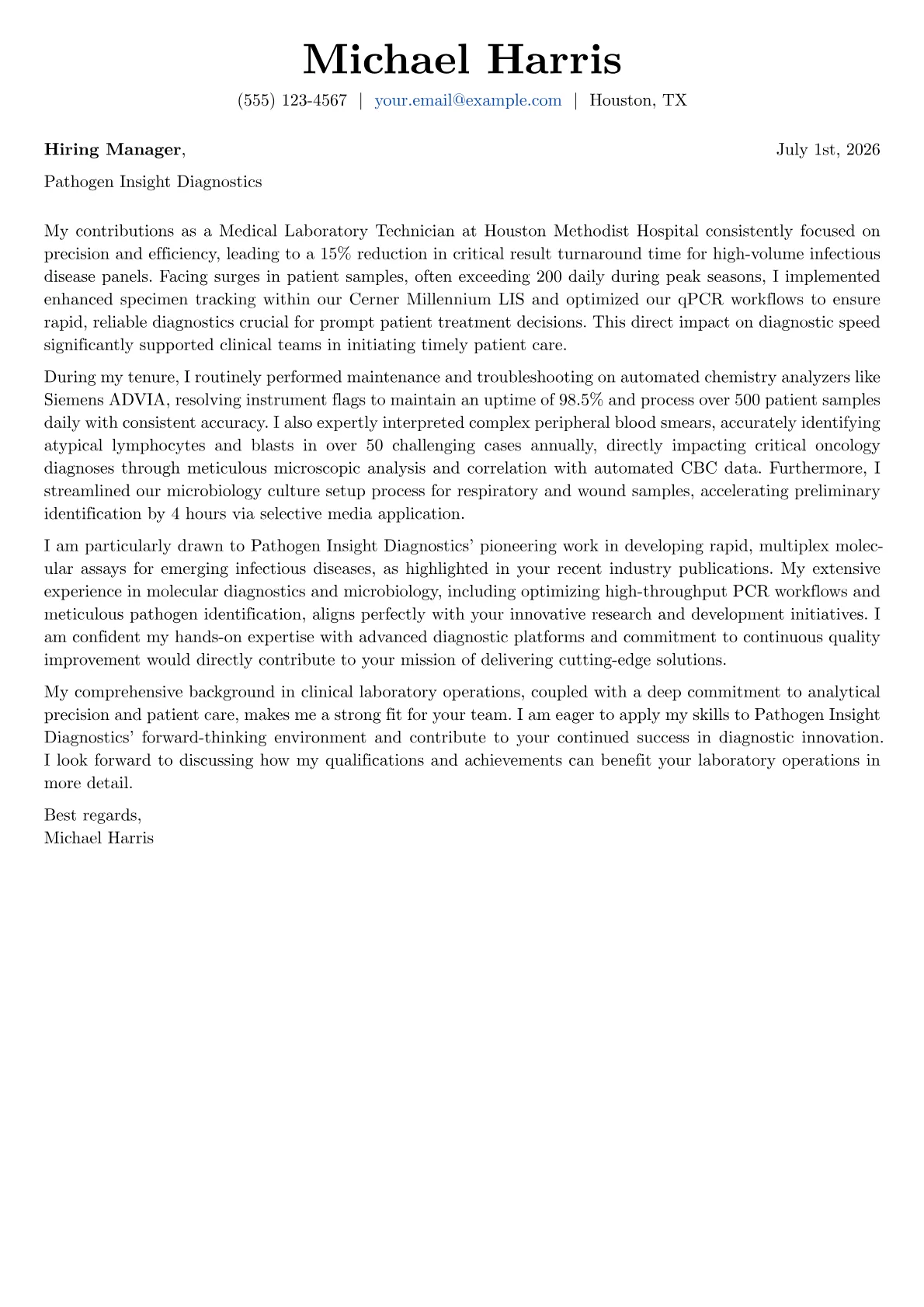 Medical Laboratory Technician cover letter formatted with a JobSprout template