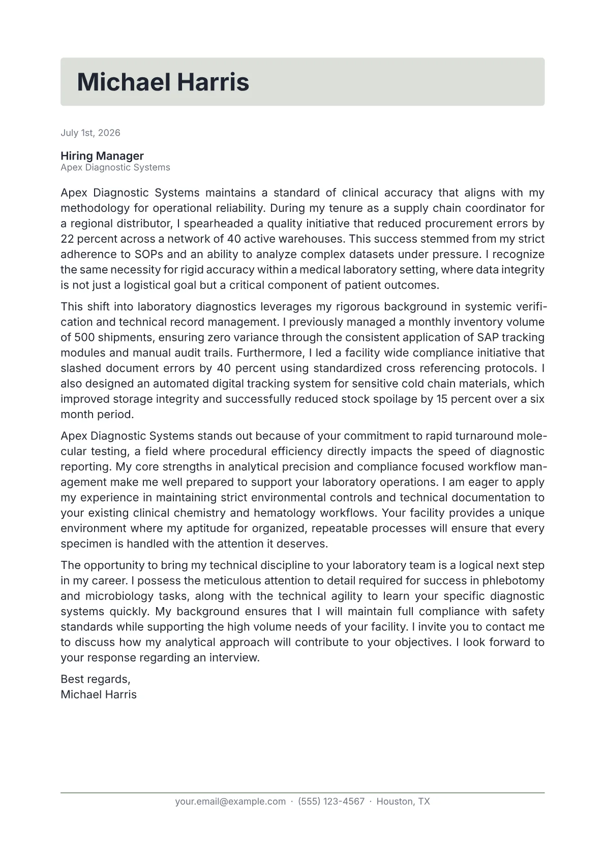 Medical Laboratory Technician cover letter in the Letterhead design