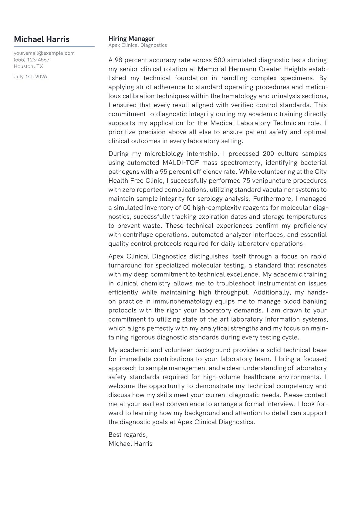Medical Laboratory Technician cover letter in the Margin design