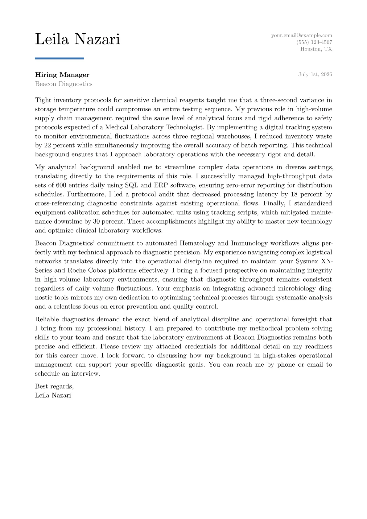 Medical Laboratory Technologist cover letter in the Executive design
