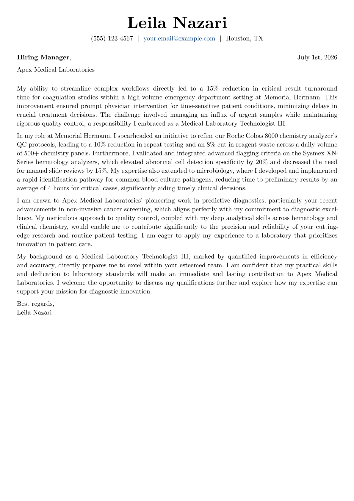 Medical Laboratory Technologist cover letter formatted with a JobSprout template