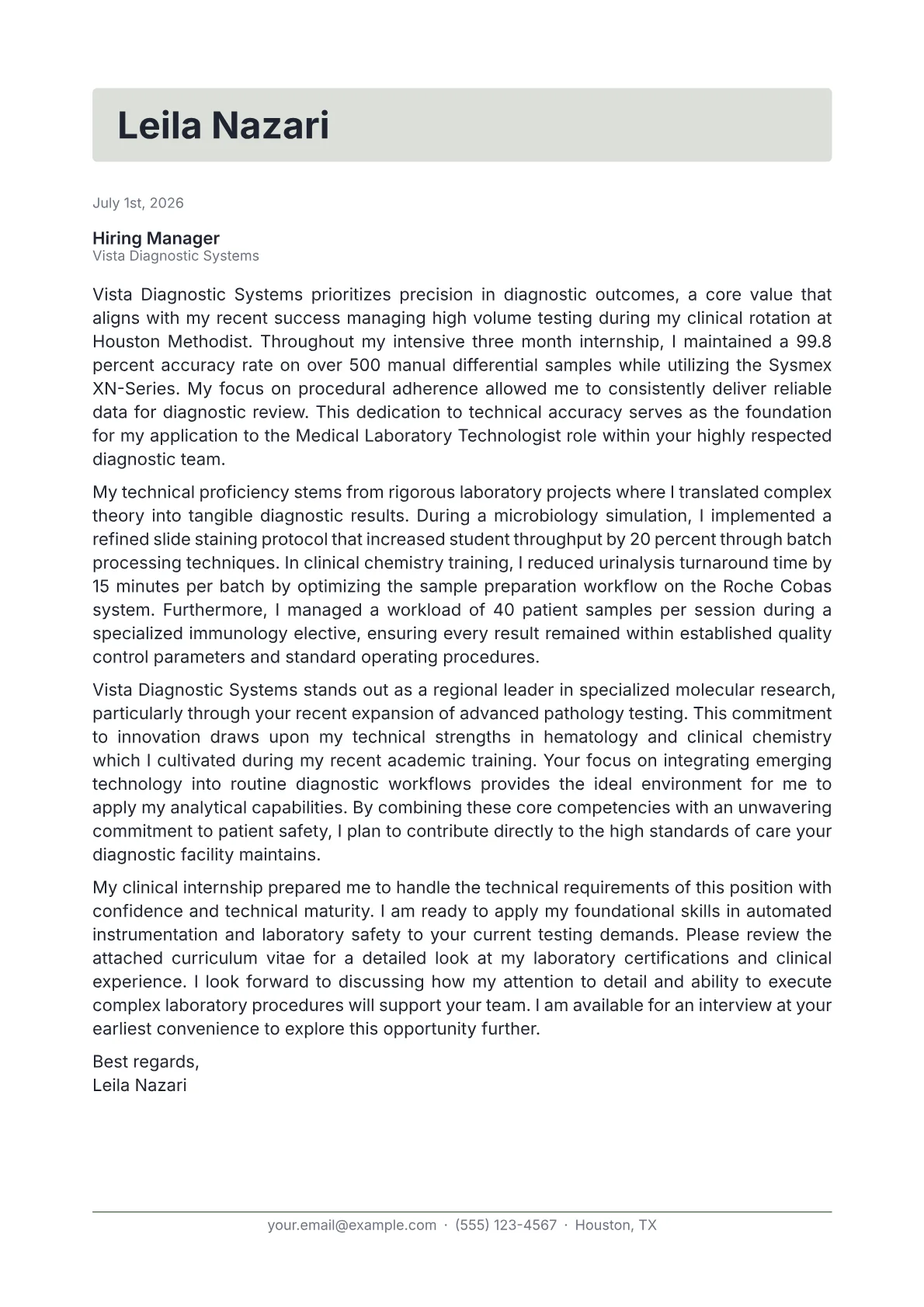 Medical Laboratory Technologist cover letter in the Letterhead design