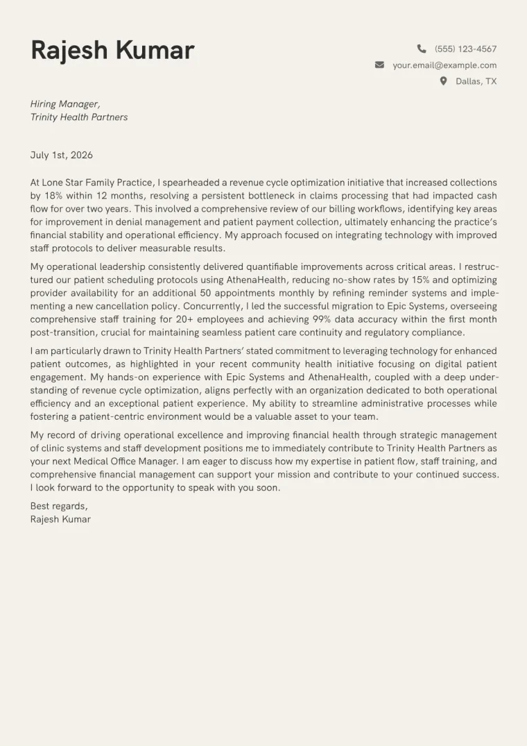 Medical Office Manager cover letter example preview