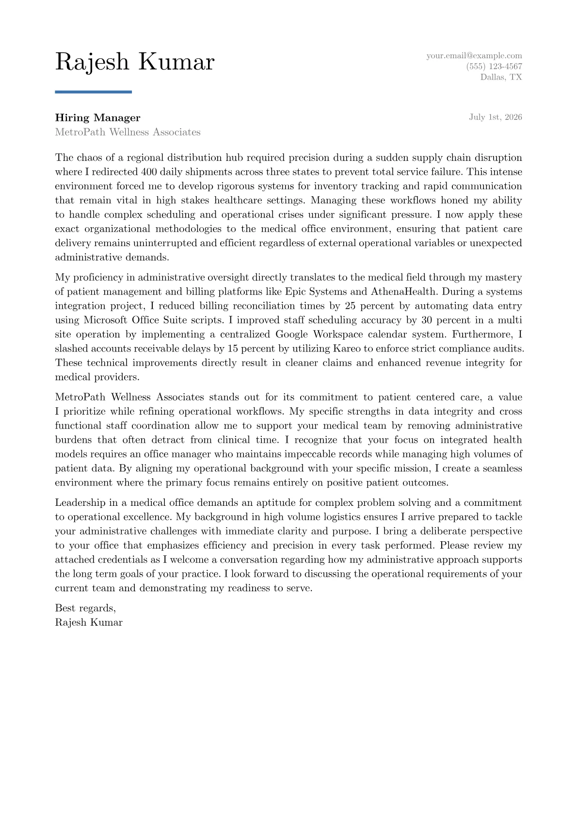 Medical Office Manager cover letter in the Executive design