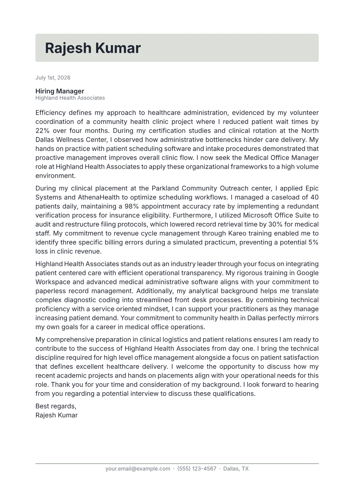 Medical Office Manager cover letter in the Letterhead design