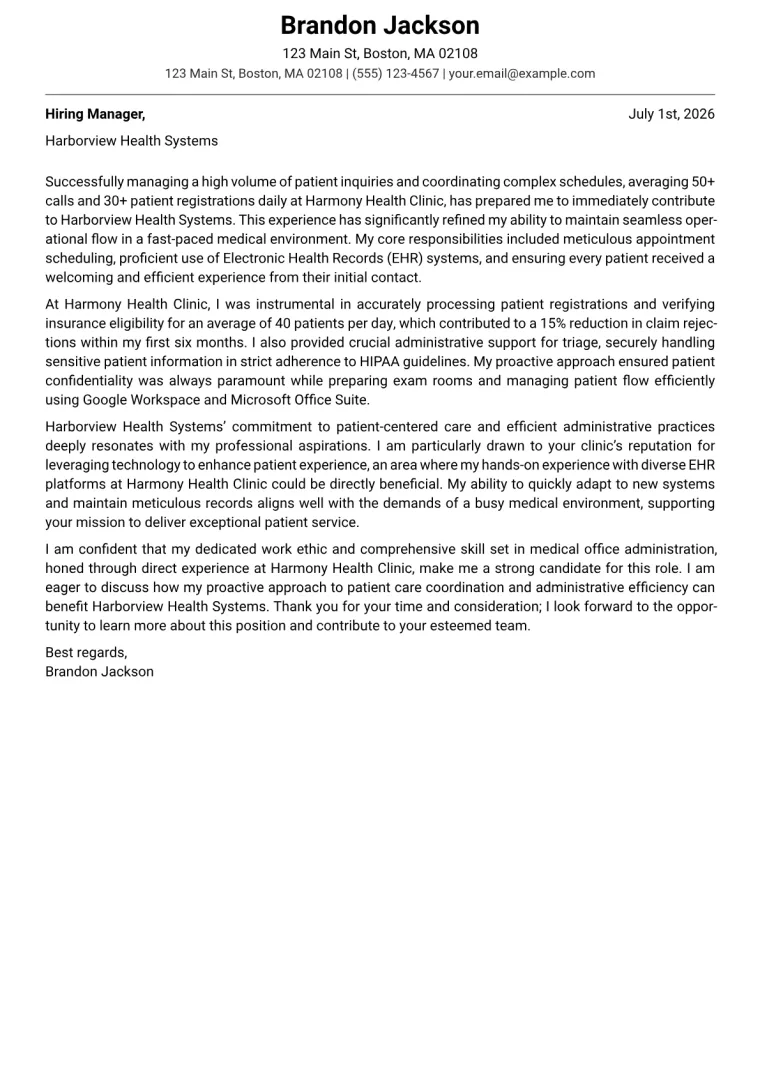Medical Office Receptionist Cover Letter Example (2026)