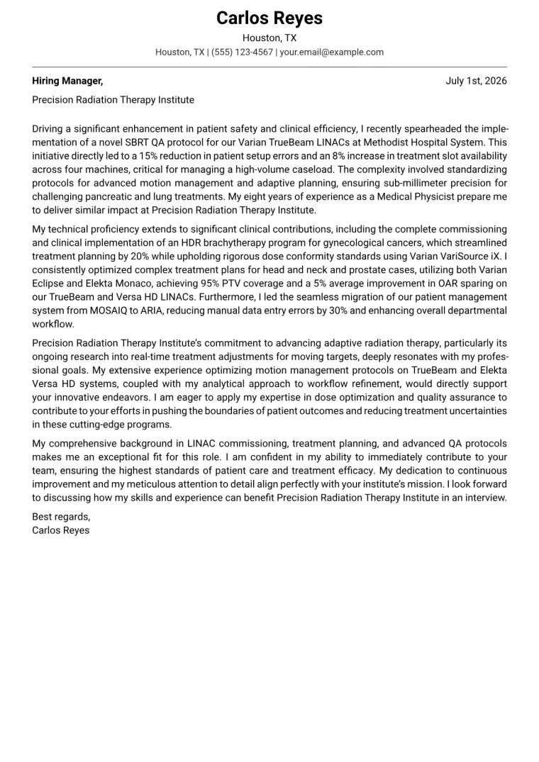 Medical Physicist cover letter example preview
