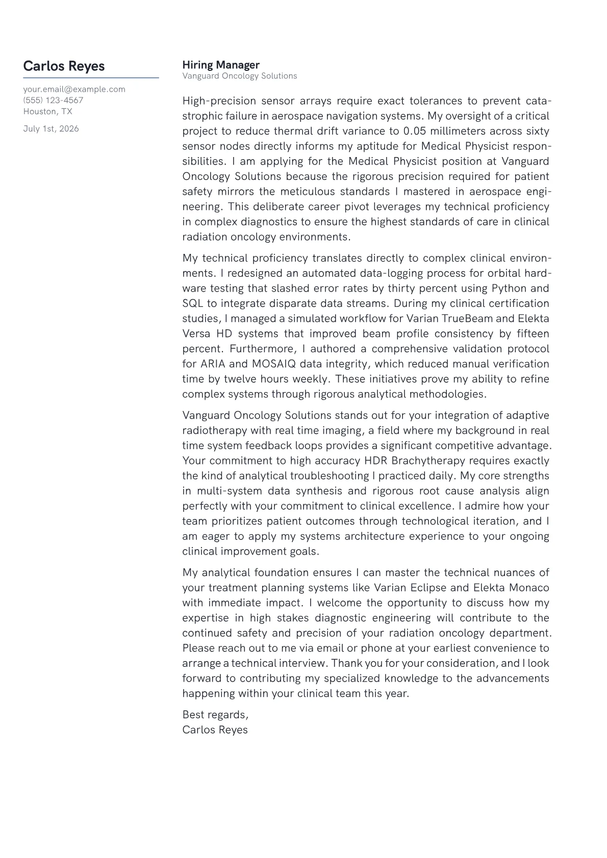 Medical Physicist cover letter in the Margin design