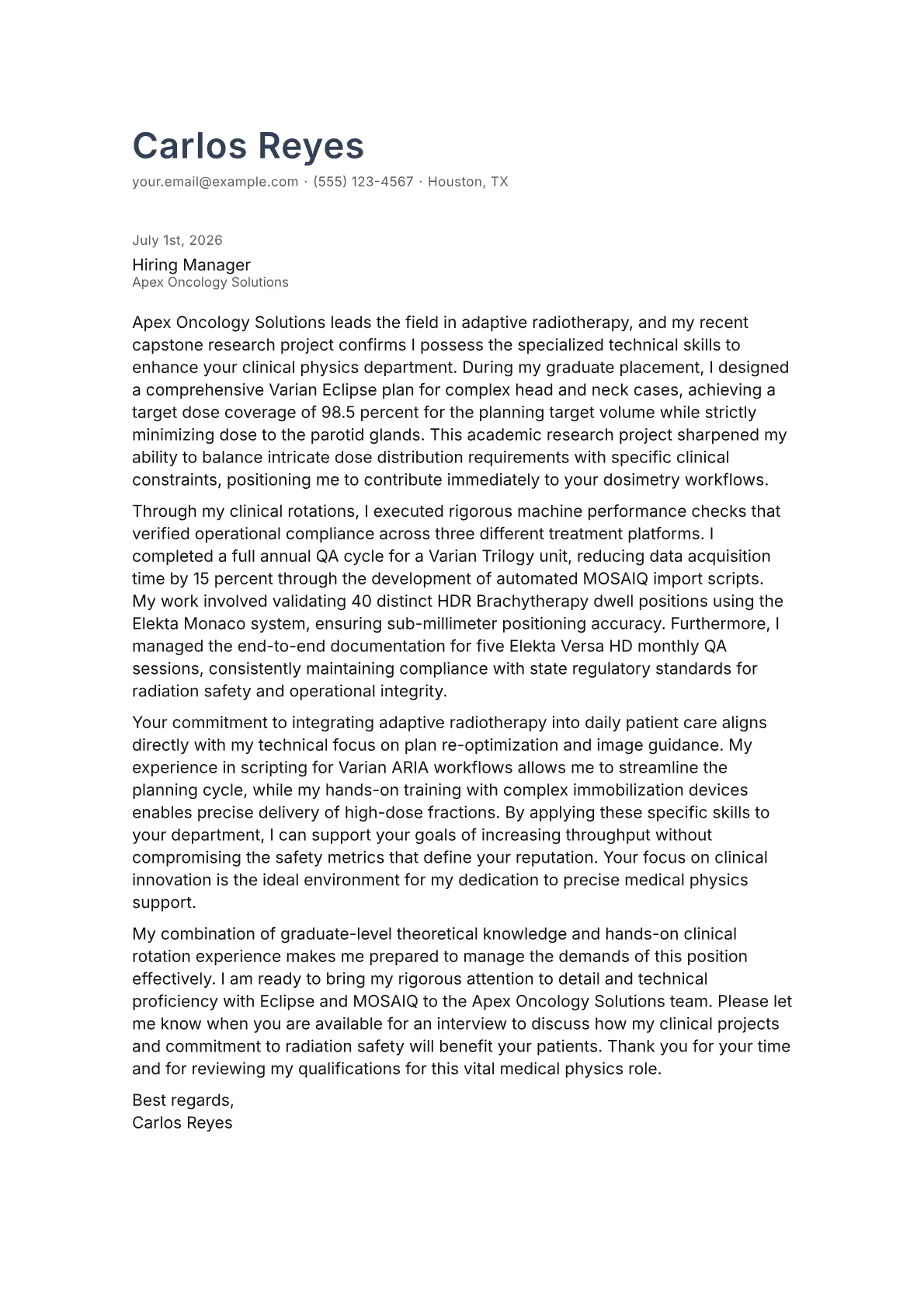 Medical Physicist cover letter in the Minimal design