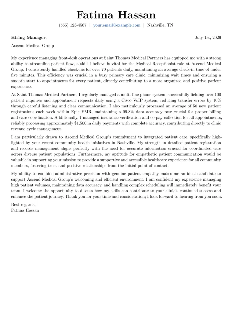 Medical Receptionist Cover Letter Example
