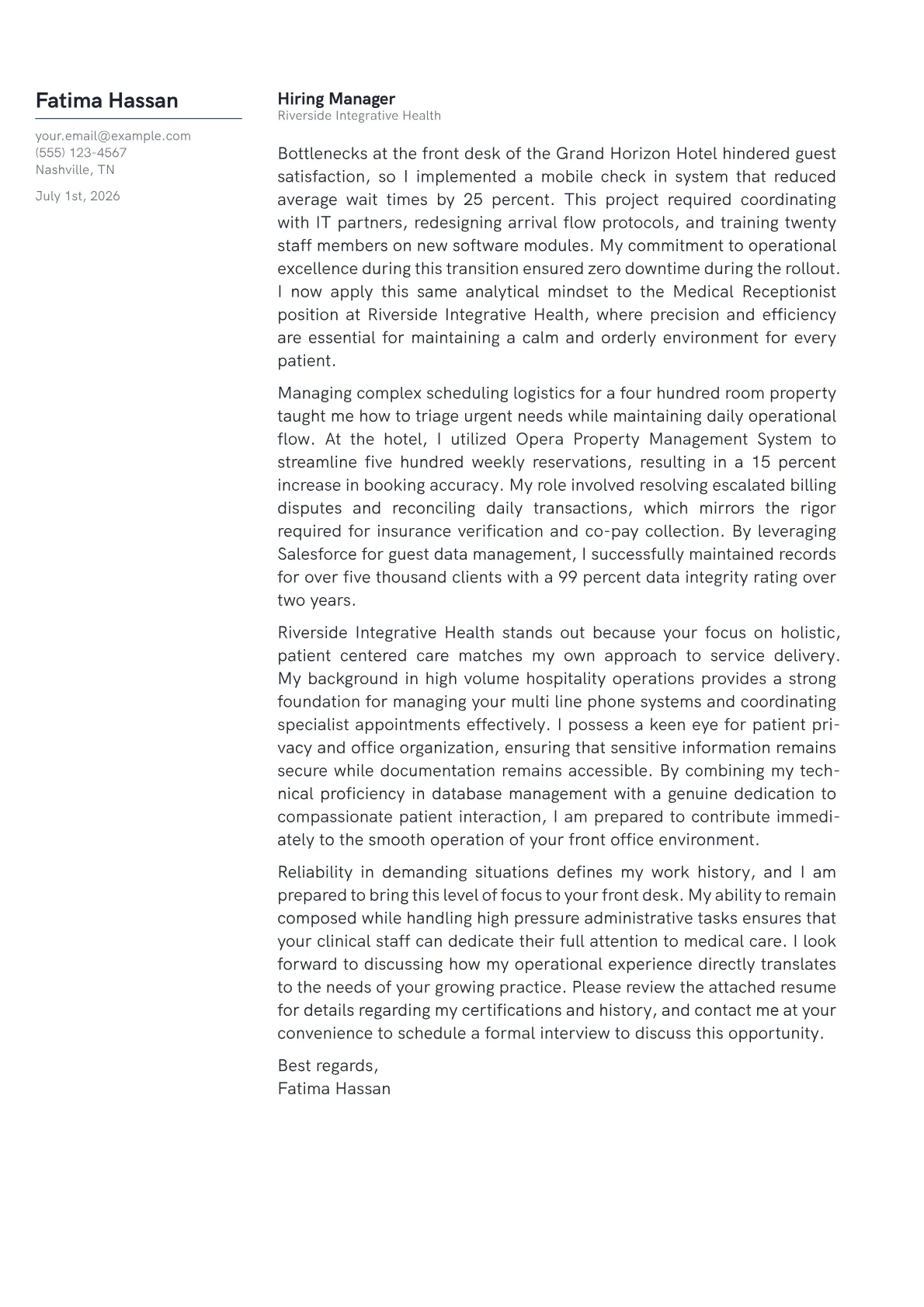 Medical Receptionist cover letter in the Margin design