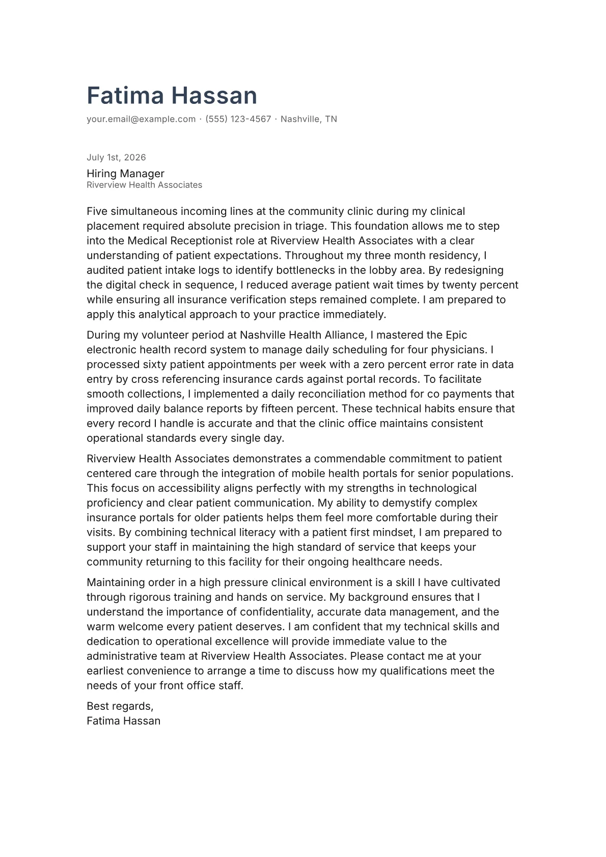 Medical Receptionist cover letter in the Minimal design