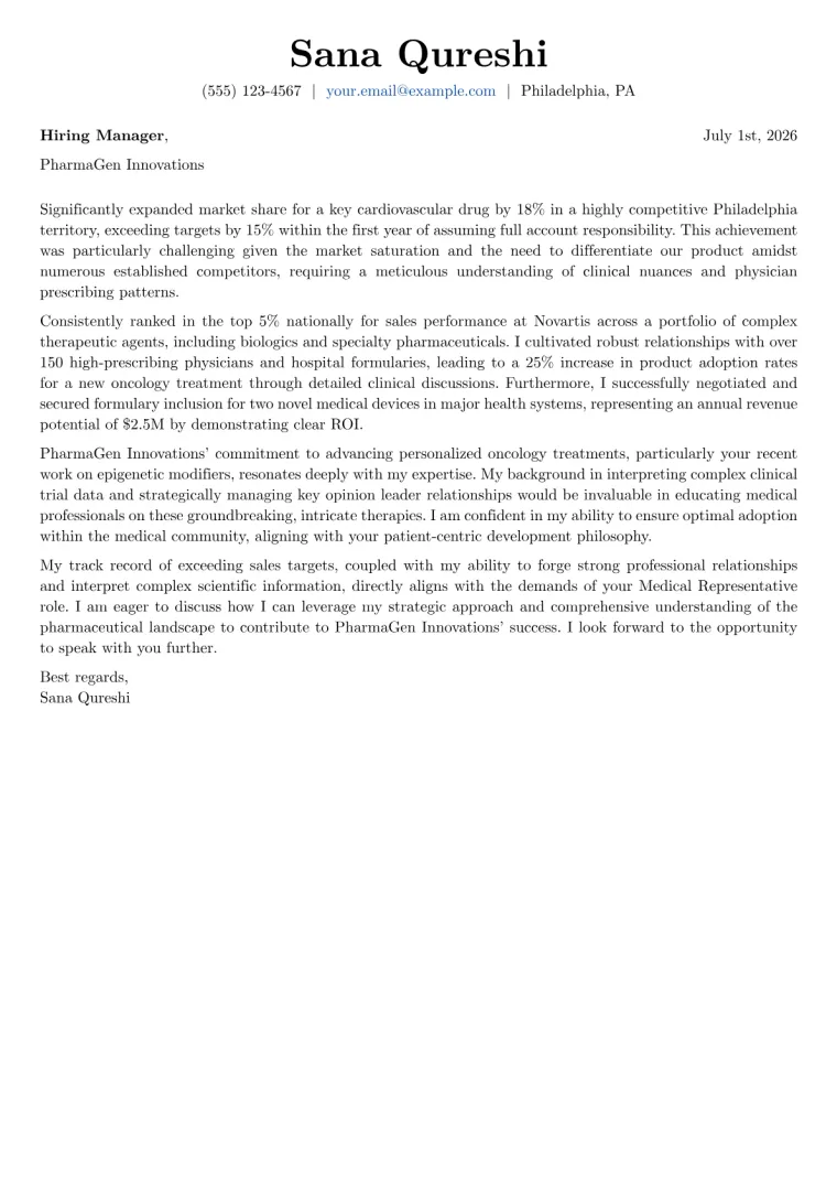 Medical Representative Cover Letter Example