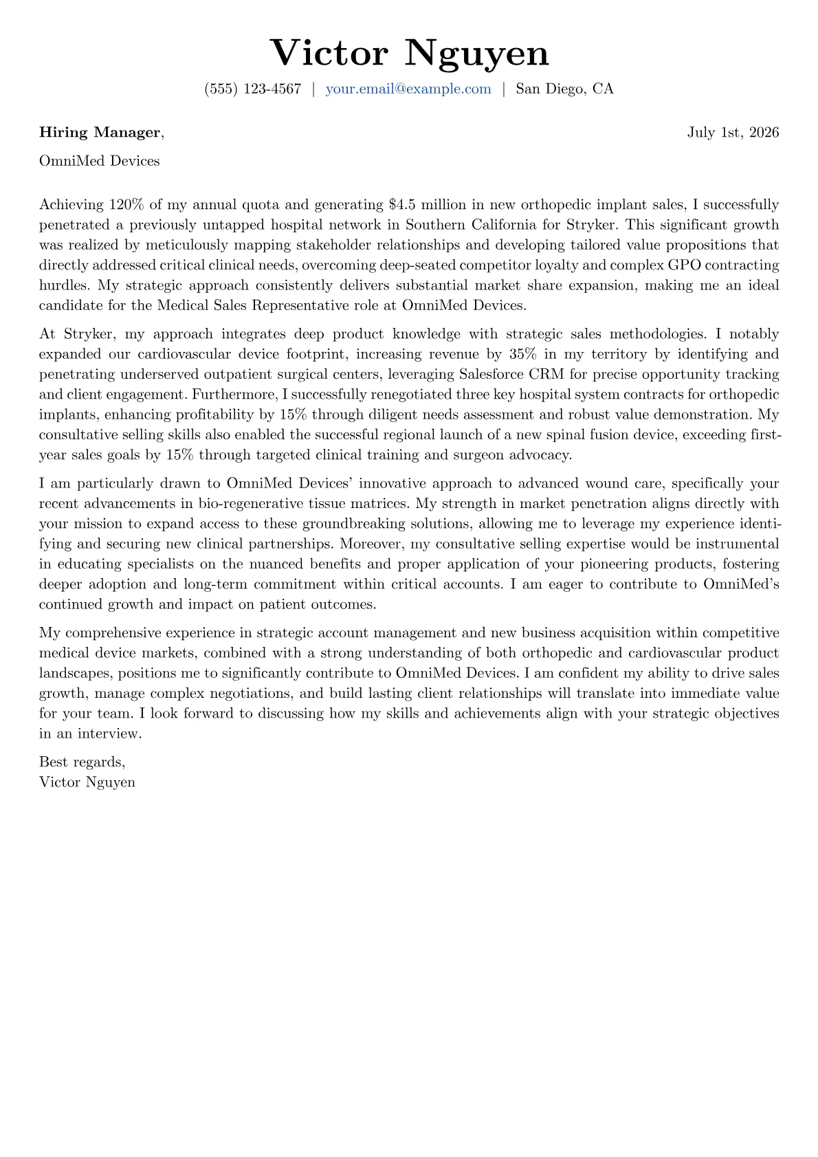 Medical Sales Representative cover letter formatted with a JobSprout template