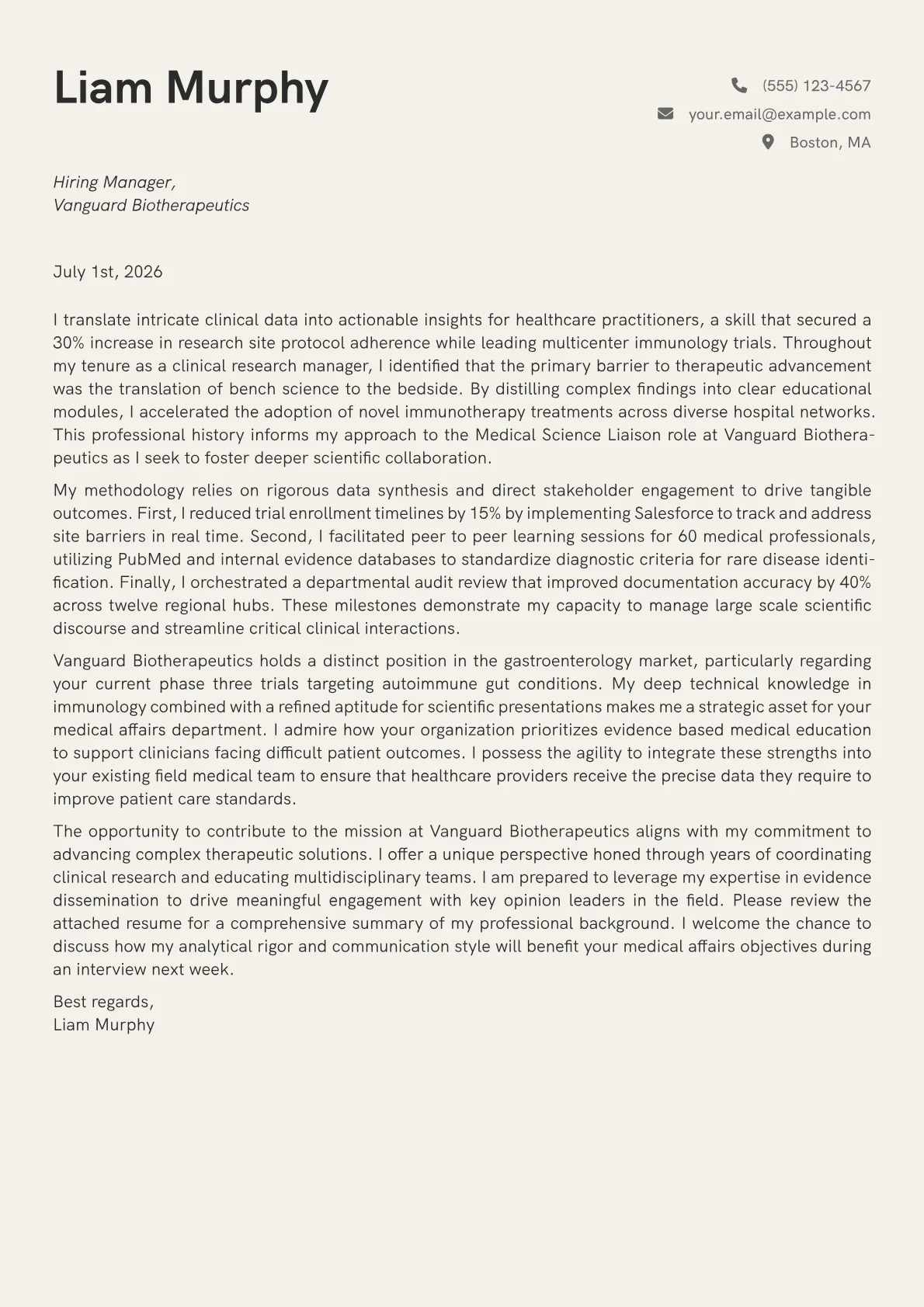 Medical Science Liaison cover letter in the Creative design