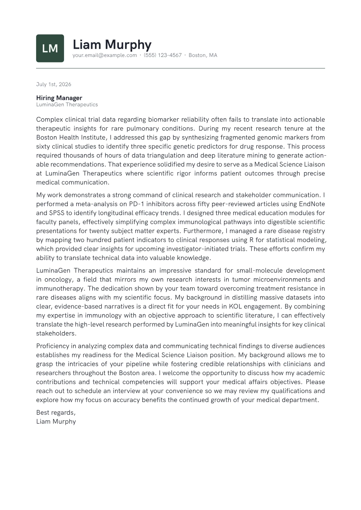 Medical Science Liaison cover letter in the Emblem design