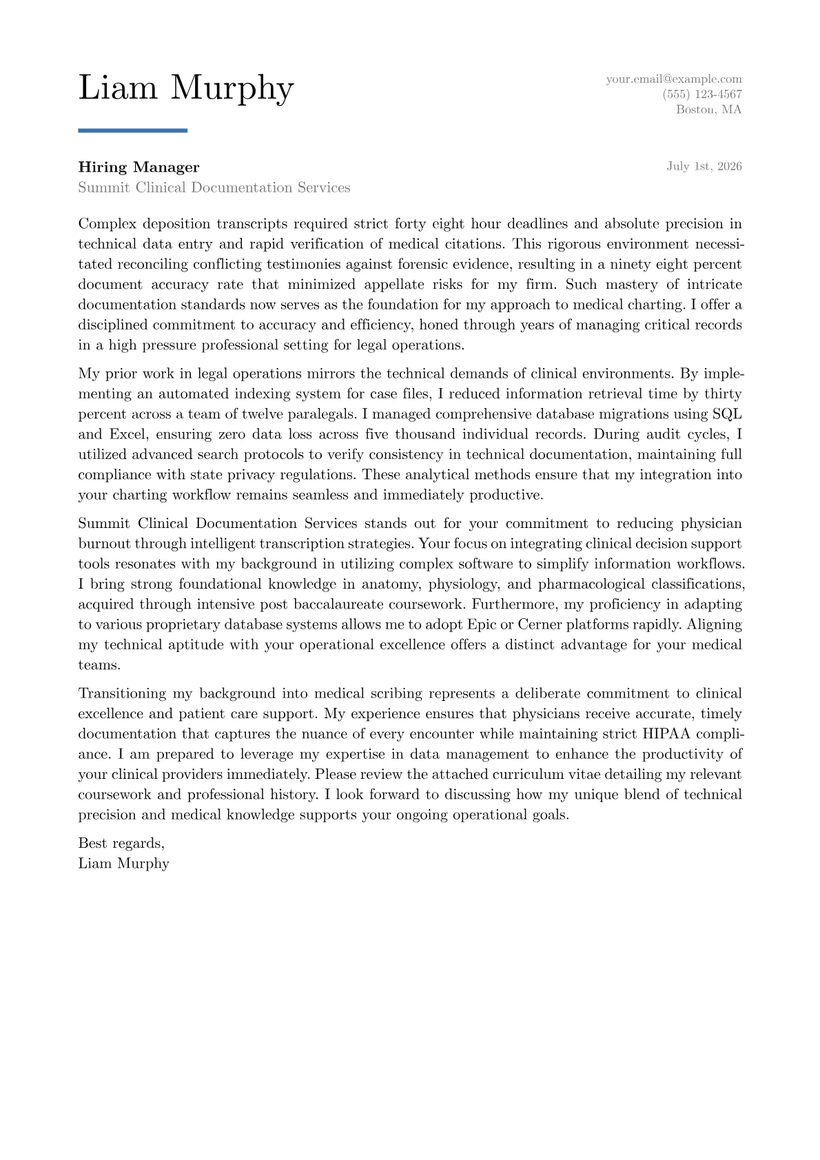 Medical Scribe cover letter in the Executive design
