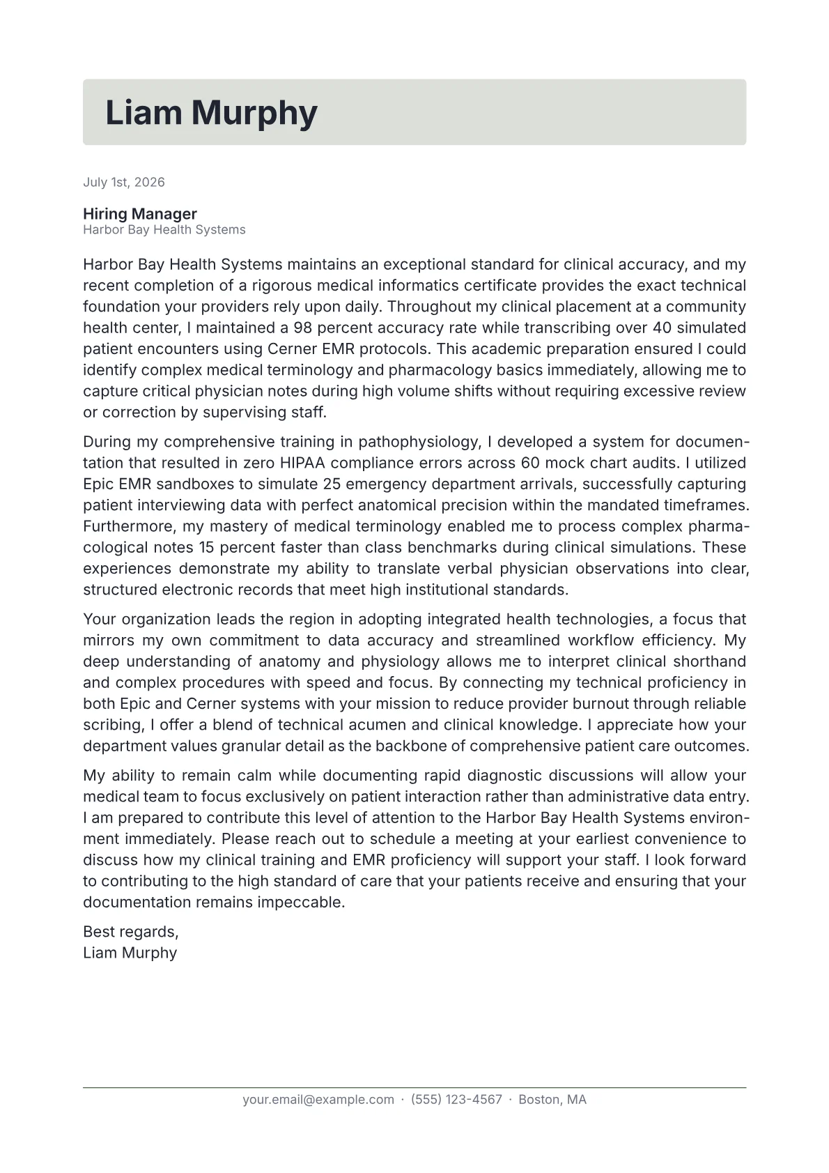 Medical Scribe cover letter in the Letterhead design