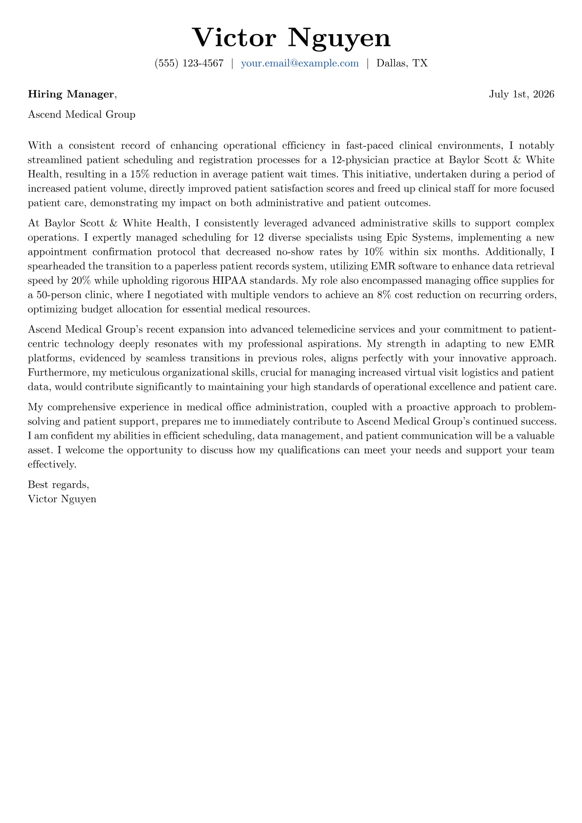 Medical Secretary cover letter formatted with a JobSprout template