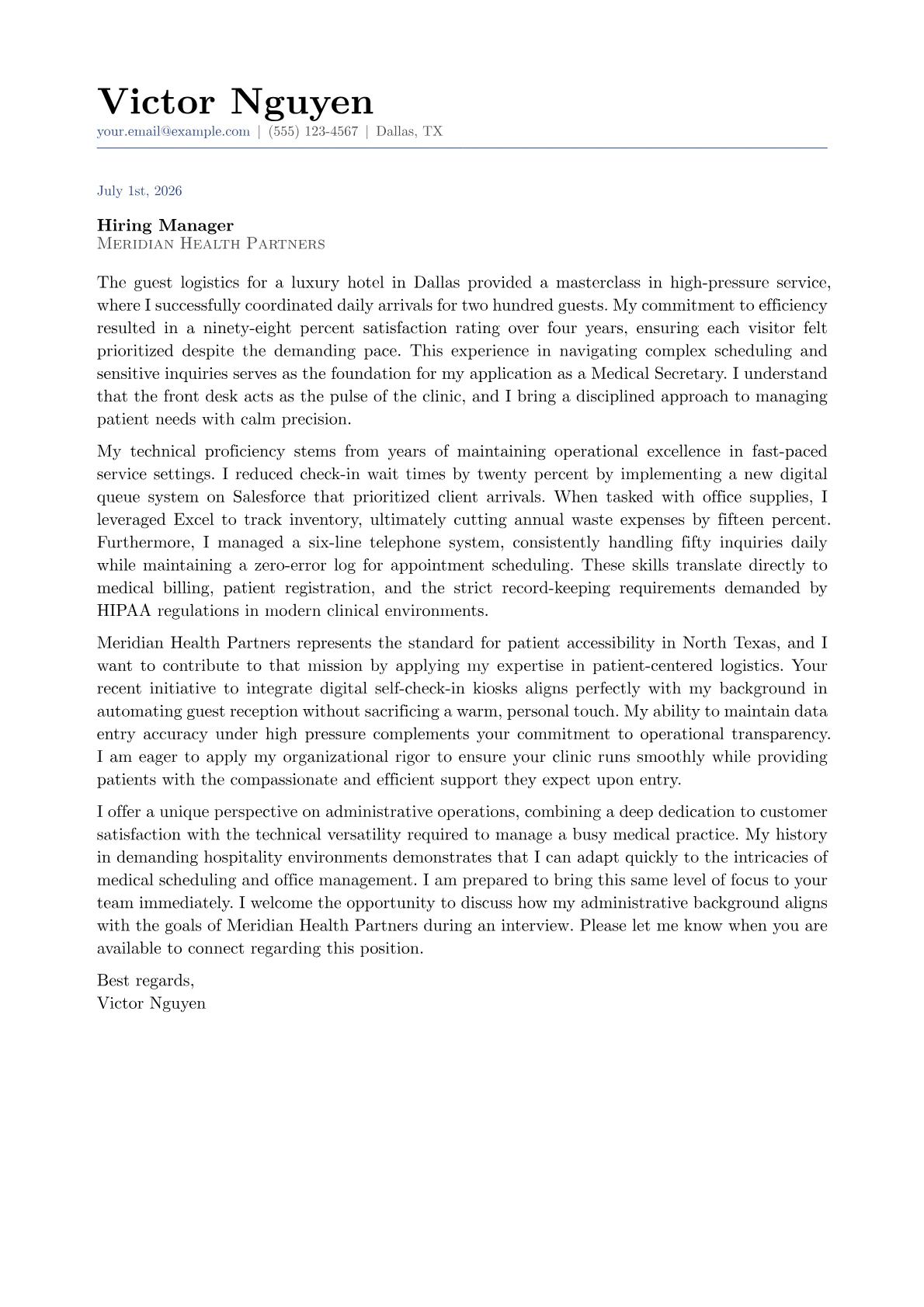 Medical Secretary cover letter in the Classic design
