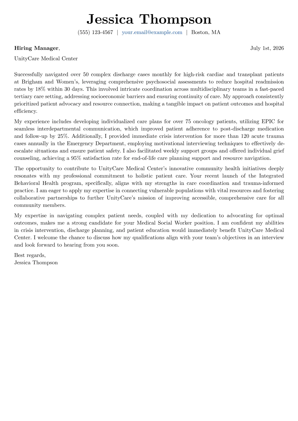 Medical Social Worker cover letter formatted with a JobSprout template